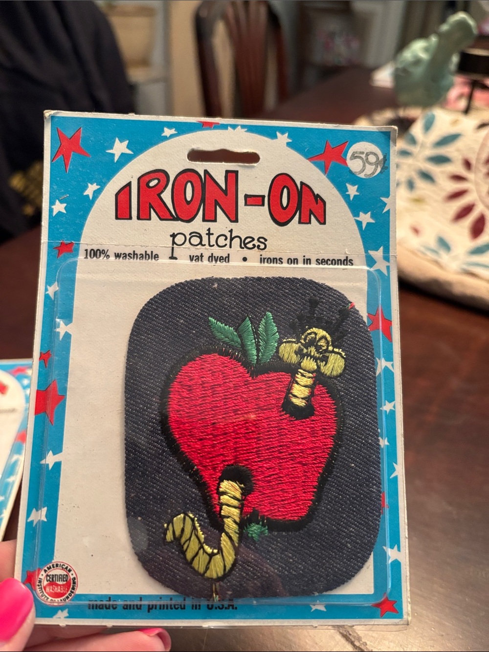 Vintage 1970’s Iron-On Patch– Red Apple with Worm